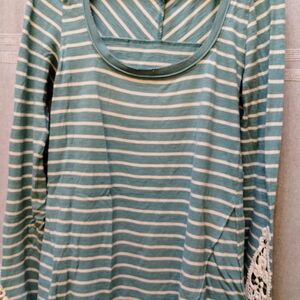 Free People Striped Long Sleeve Top with Lace Detail